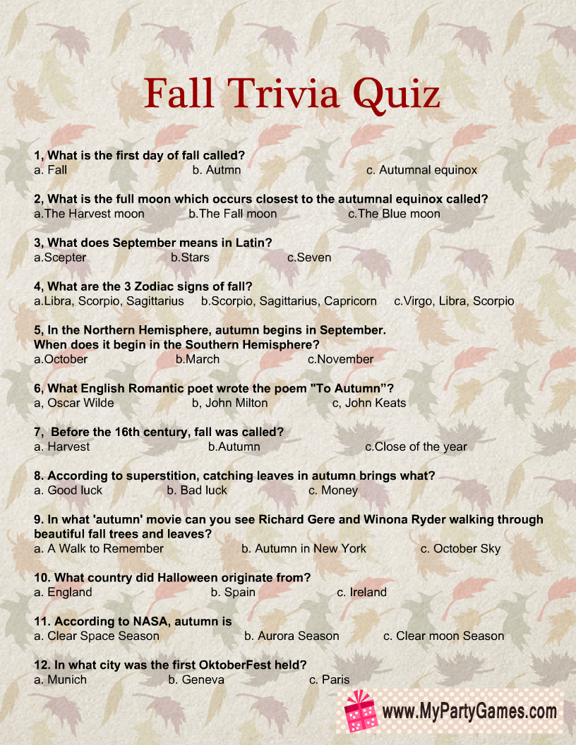 Free Printable Fall Trivia Quiz With Answer Key