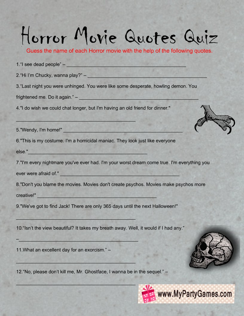Free Printable Halloween Horror Movie Quotes Quiz In Horror Hot Sex