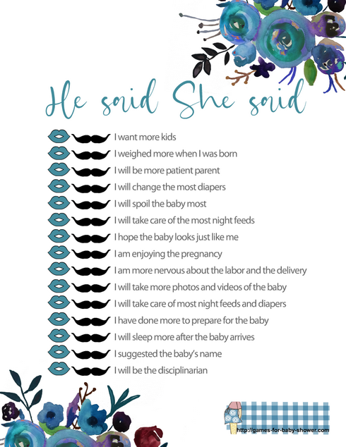 Free Printable He Said She Said Baby Shower Game