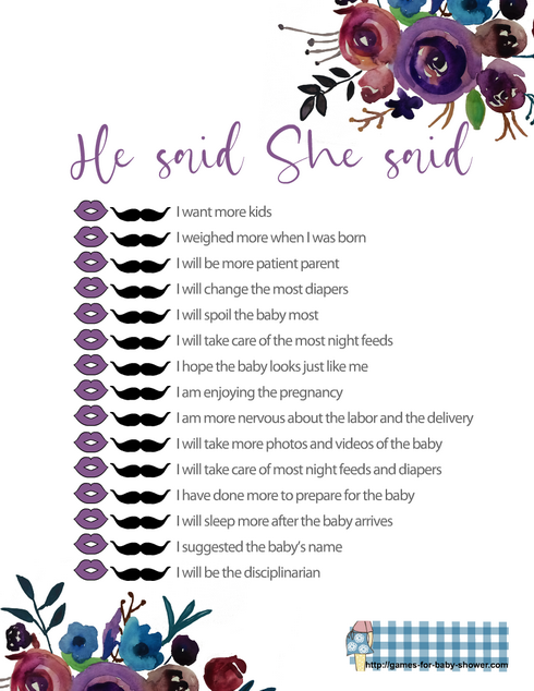 Free Printable He Said She Said Baby Shower Game