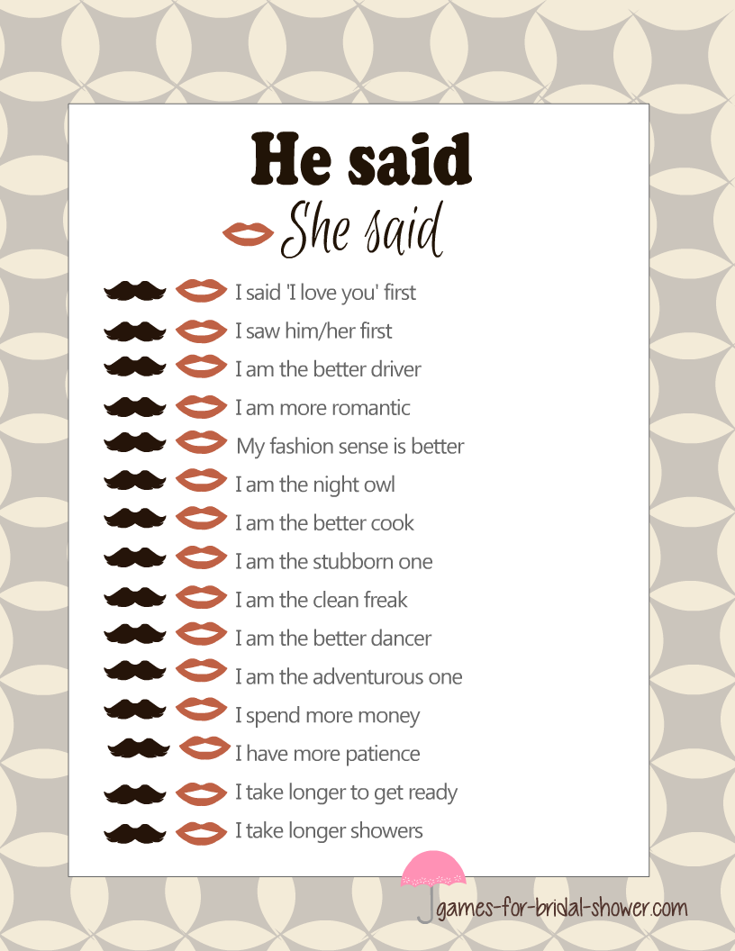 Free Printable He Said She Said Bridal Shower Game