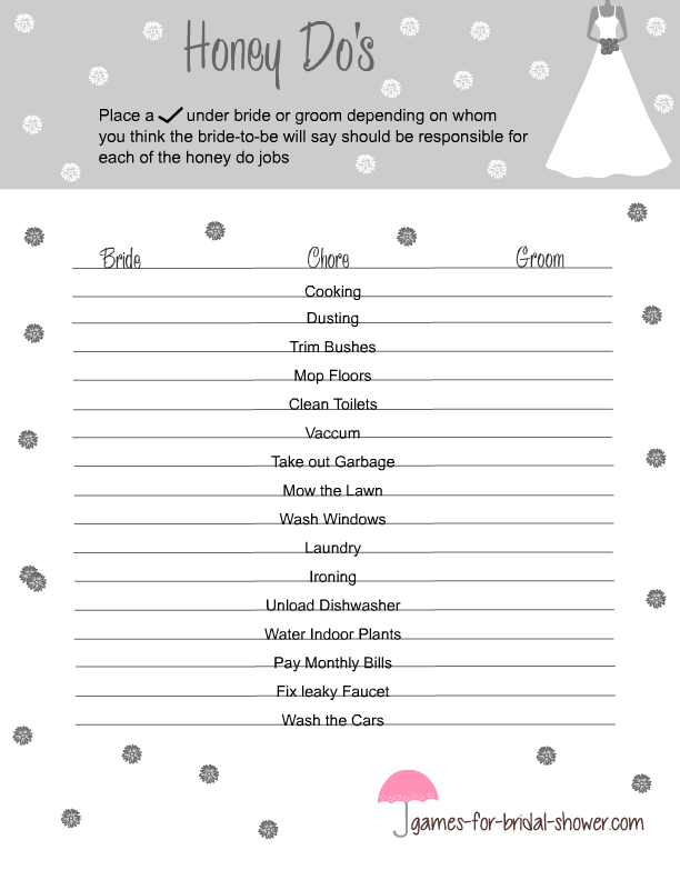 Free Printable Honey Do 39 s Game For Bridal Shower