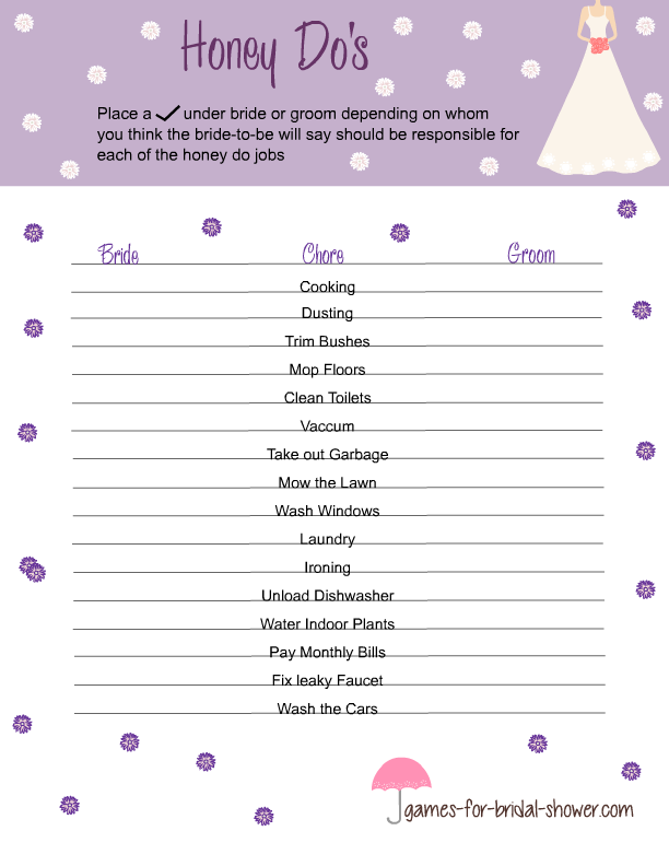Free Printable Honey Do 39 s Game For Bridal Shower