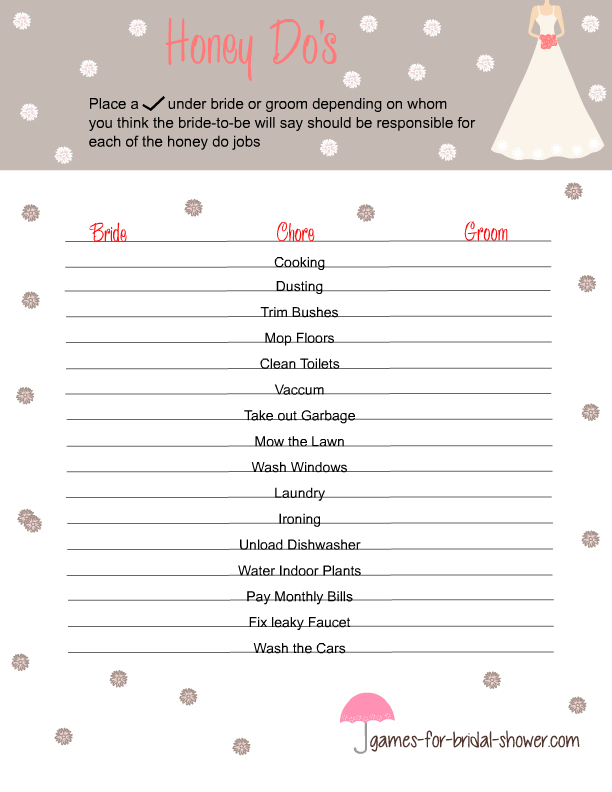 Free Printable Honey Do 39 s Game For Bridal Shower