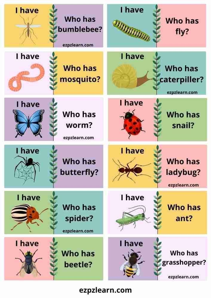 Free Printable I Have Who Has English Game For Kids Topic Bugs And 