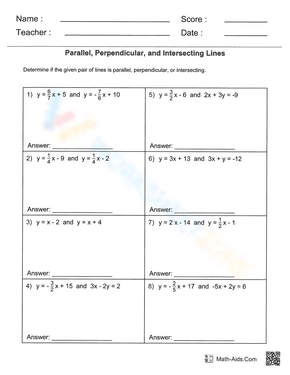 Free Printable Parallel Perpendicular Or Neither Worksheets 