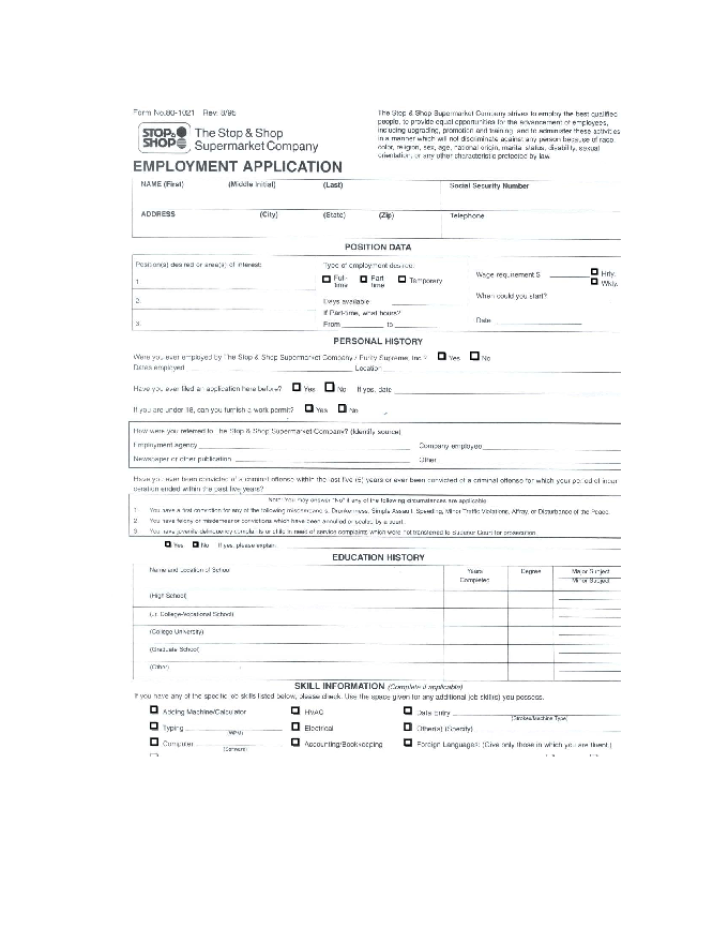 Free Printable Stop And Shop Job Application Form Printable Application