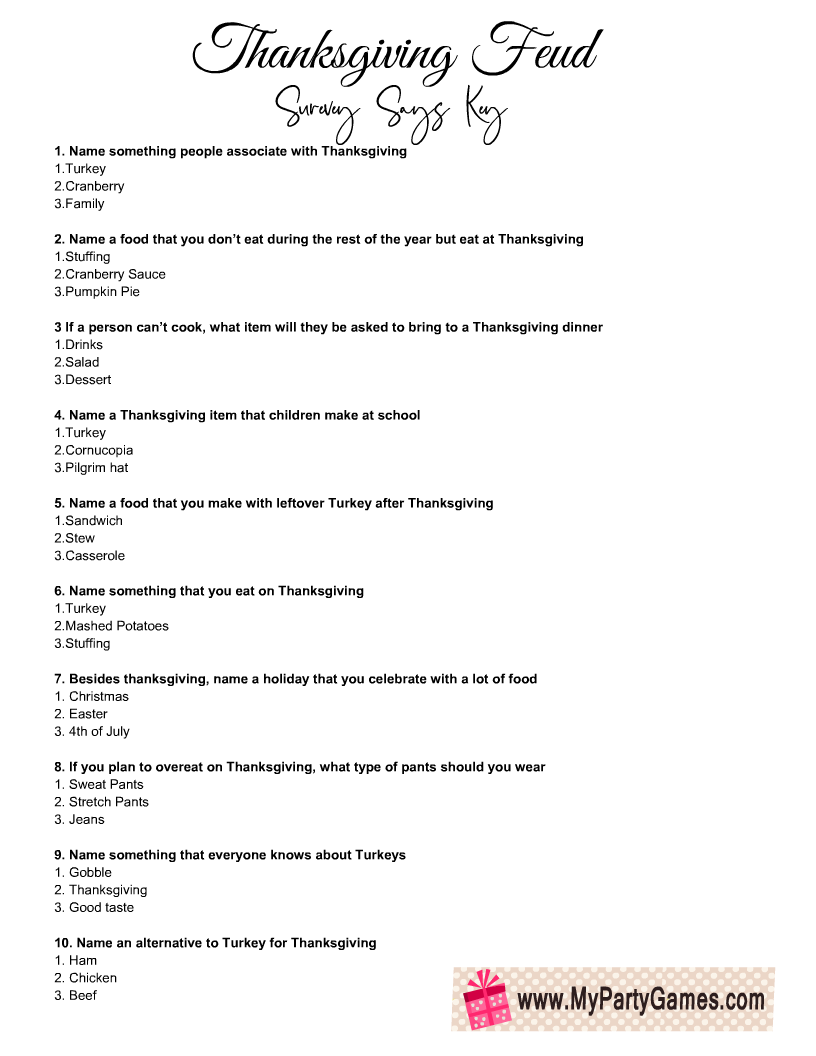 Free Printable Thanksgiving Family Feud Game Family Feud Game Family 