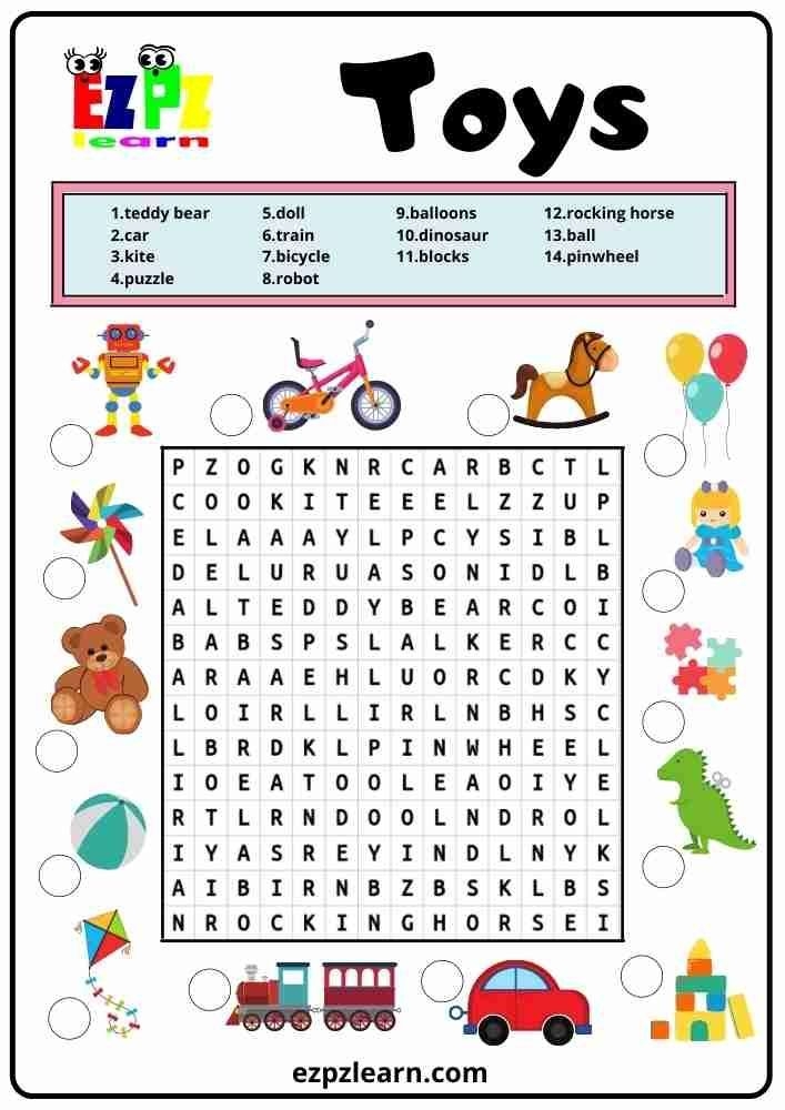 Free Printable Word Search Worksheets For Kids Topic Toys Kindergarten