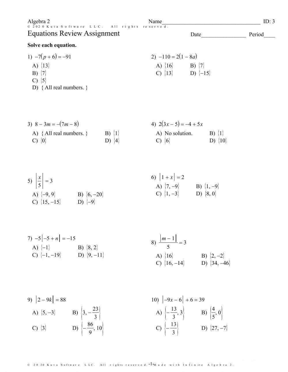 Free Solving Absolute Value Equations Worksheet Algebra 2 Download