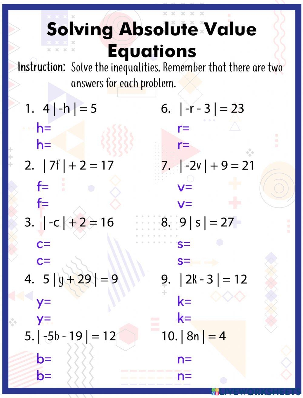 absolute value equations worksheets