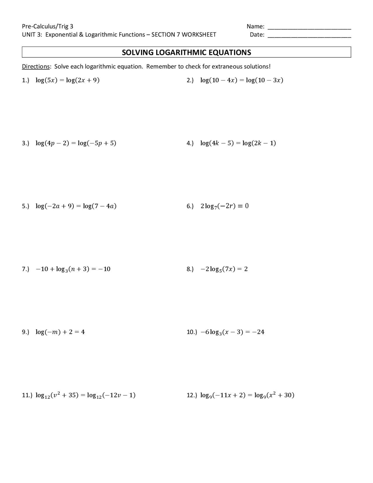solving exponential and logarithmic equations worksheet