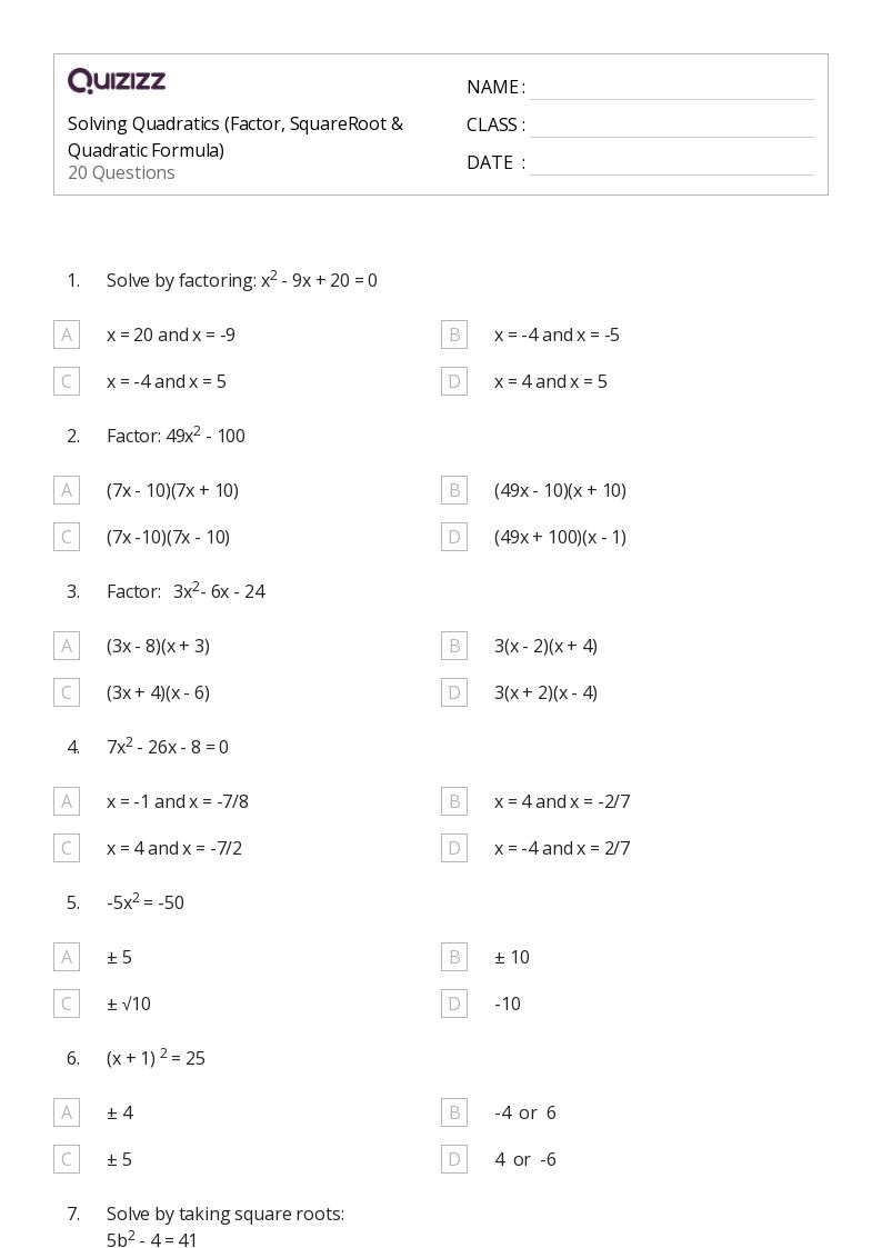 Free Solving Quadratic Equations By Quadratic Formula Worksheet 
