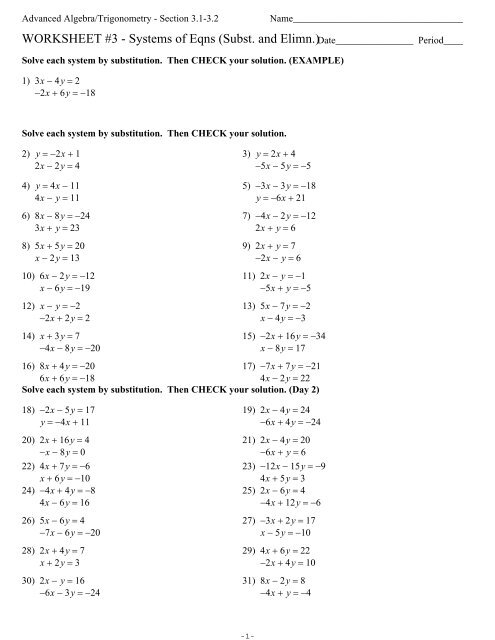 Free Solving System Of Equations By Elimination Worksheet Download 