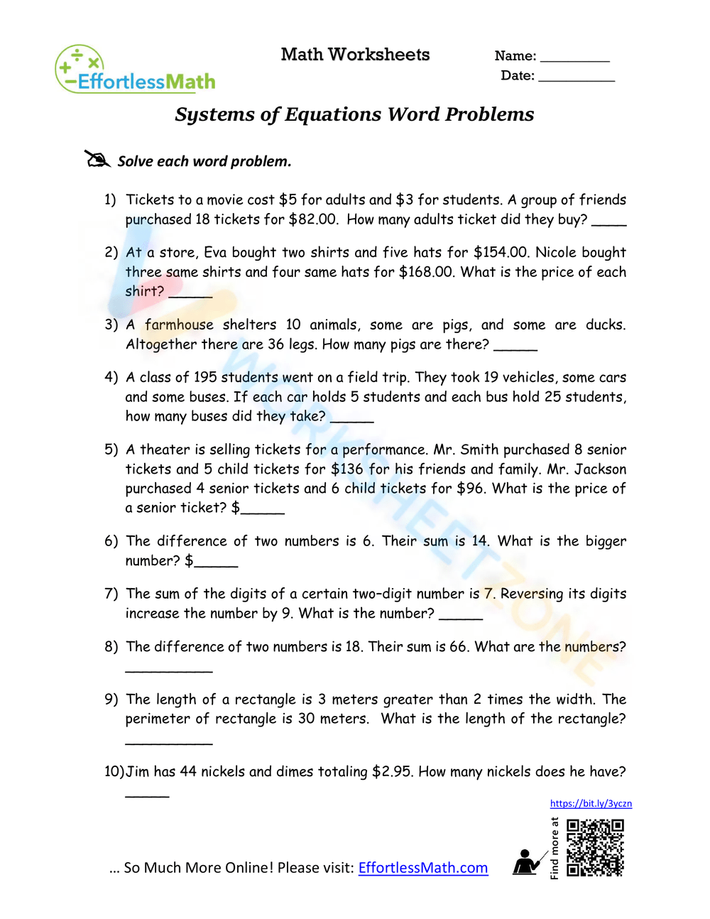 Free System Of Equation Word Problem Worksheet Download Free System Of 