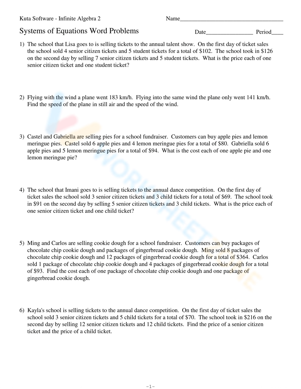 Free Systems Of Equations Word Problems Worksheet Collection 