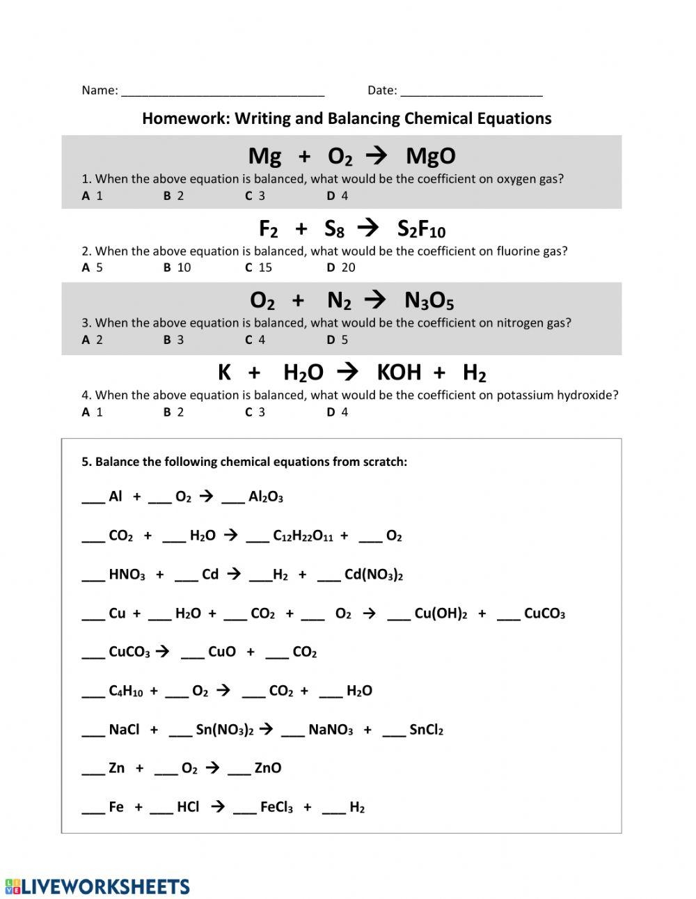 Free Writing And Balancing Chemical Equations Worksheet Download Free 