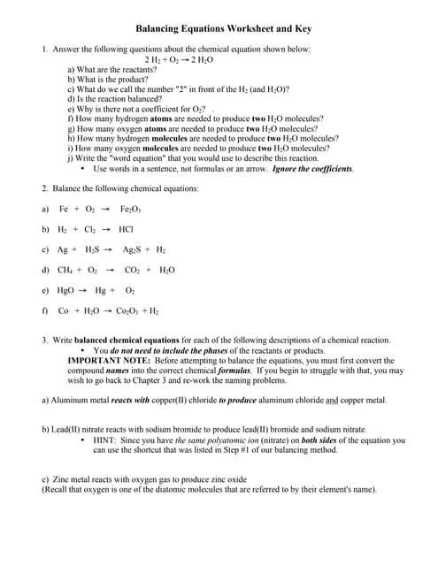 worksheet writing and balancing chemical equations