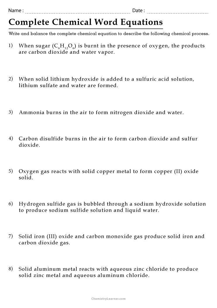 Free Writing Chemical Equations Worksheet Answers Download Free 