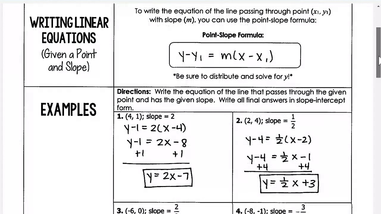 writing equations in point slope form worksheet