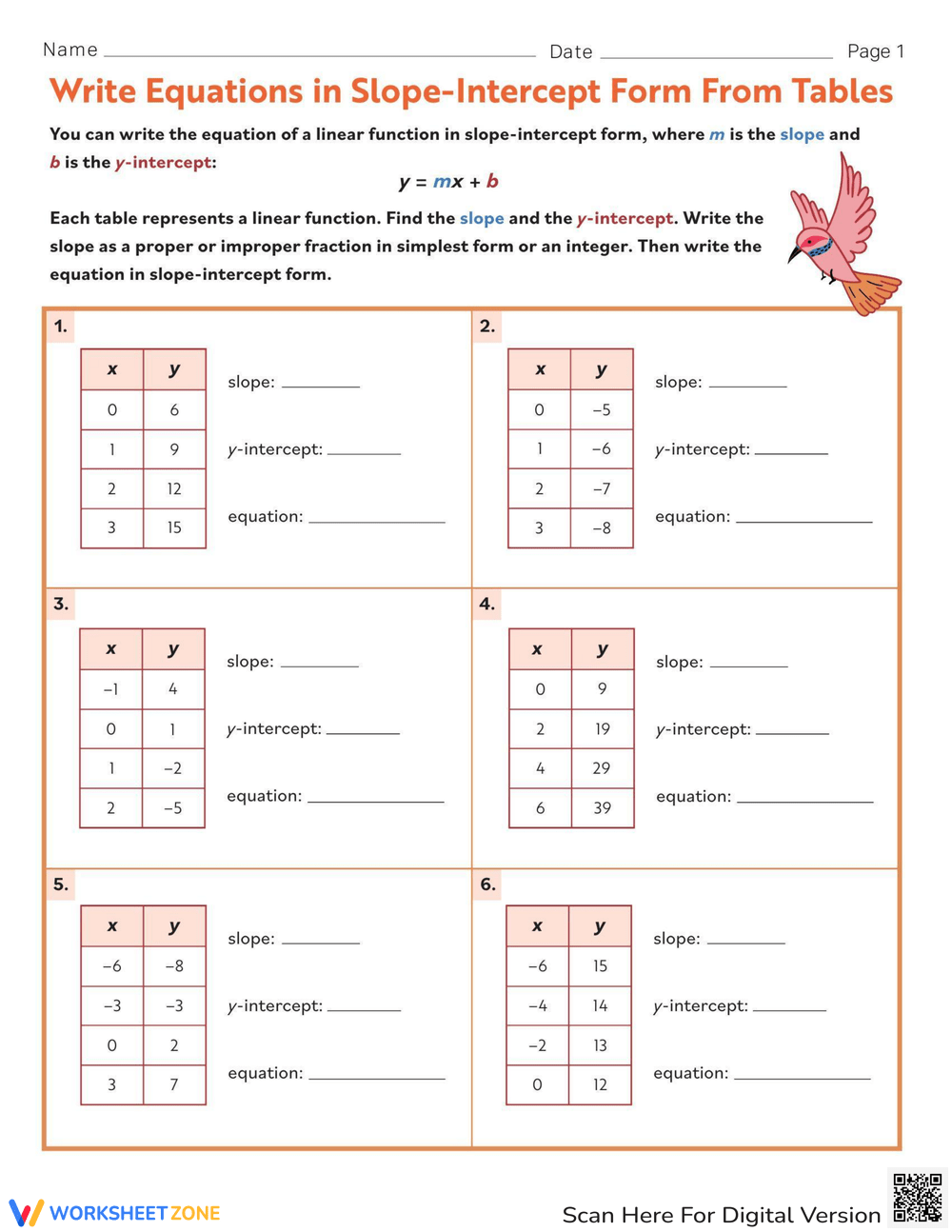 writing equations given slope and a point worksheet
