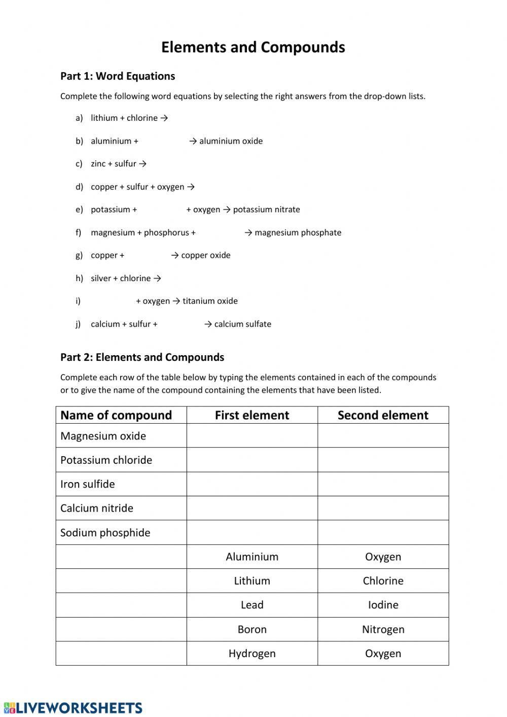 FREE Writing Simple Word Equations Walkthrough Worksheet