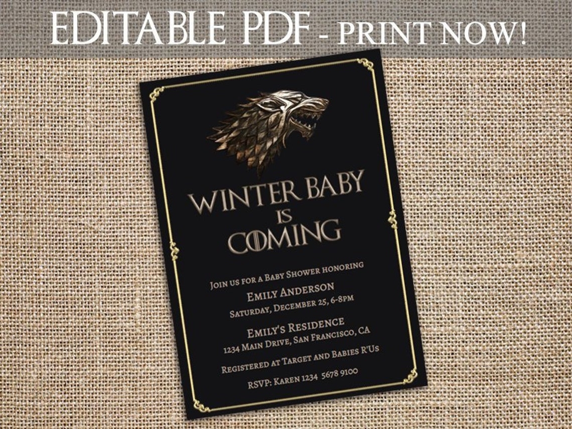 Game Of Thrones Invitation Template Baby Shower Cards Etsy