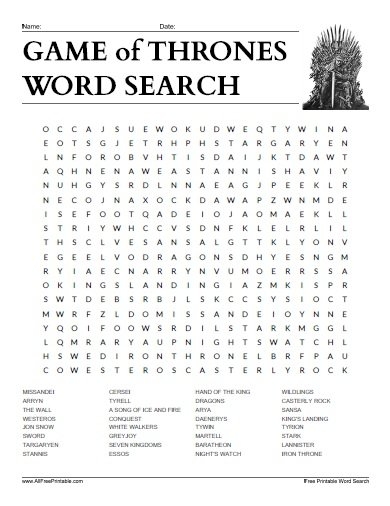 Game Of Thrones Word Search Free Printable