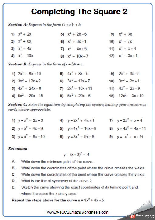 Gcse Quadratic Equations Worksheet And Answers Quadraticworksheet