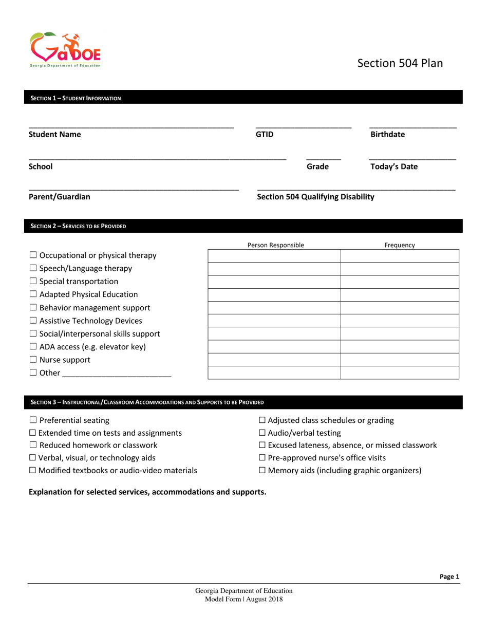 Georgia United States Section 504 Plan Fill Out Sign Online And 