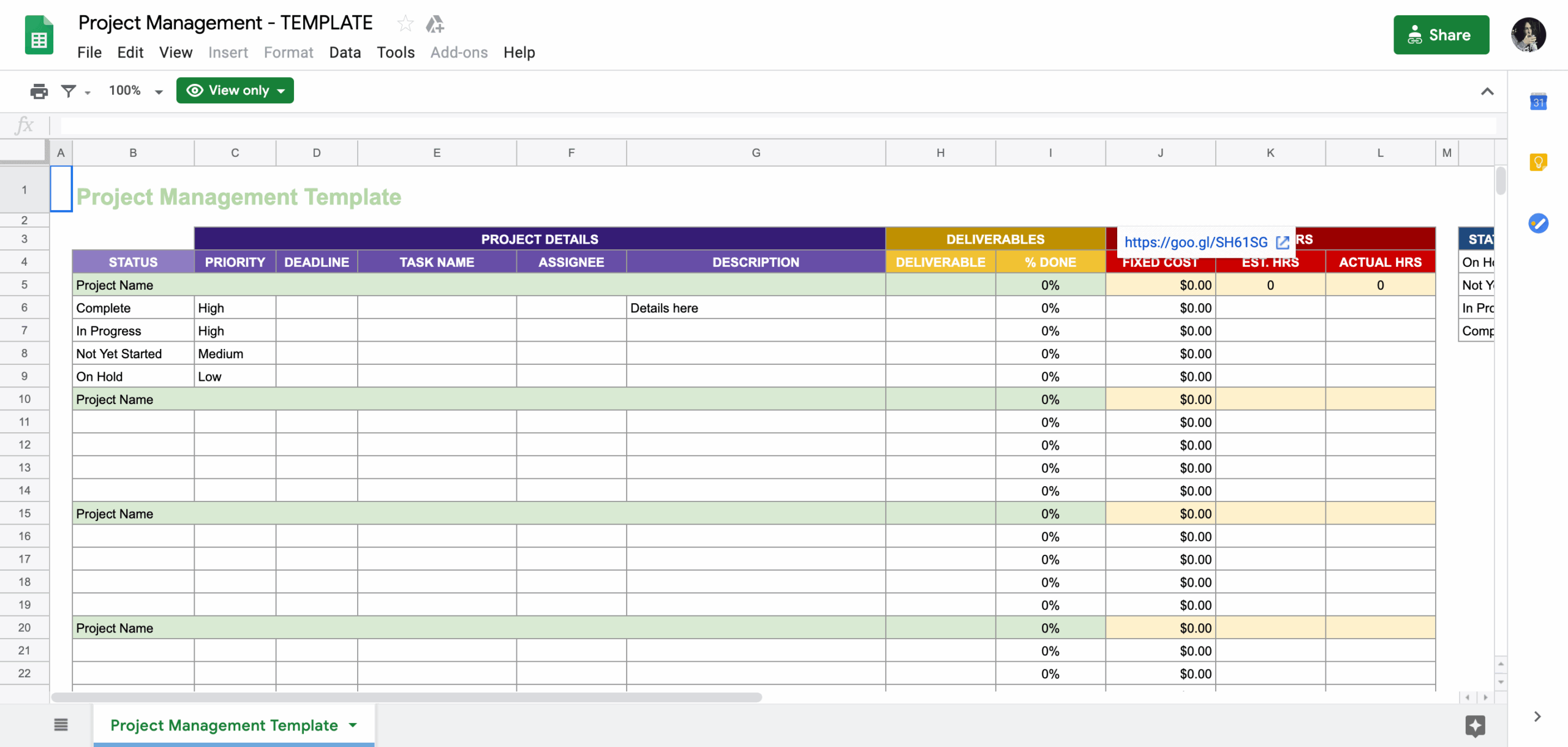 Google Sheets Project Plan Template