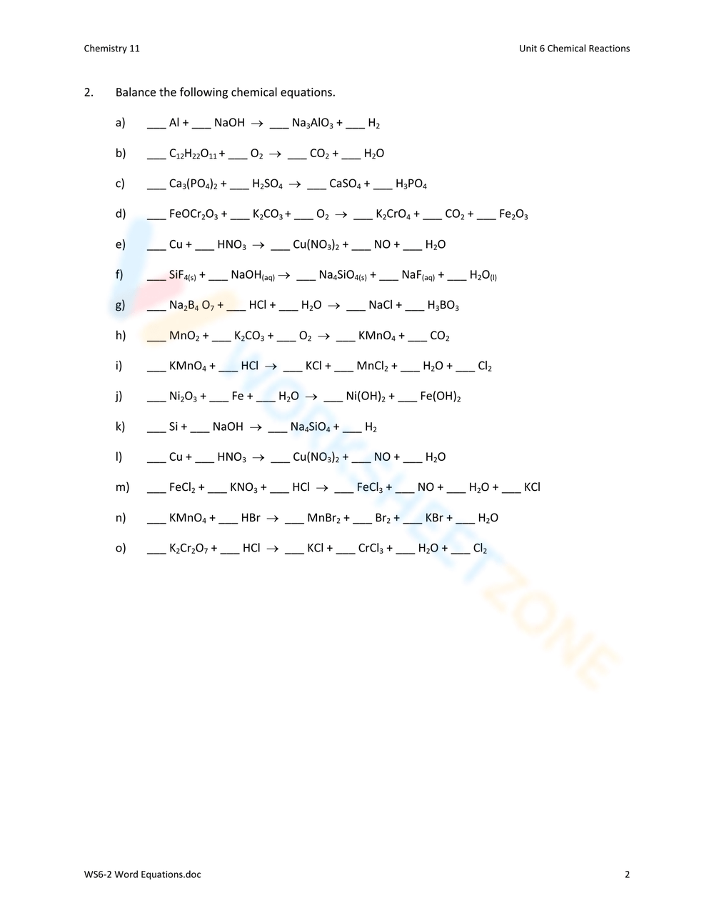Grade 10 Balancing Chemical Equations Answer Key Worksheets 2024 