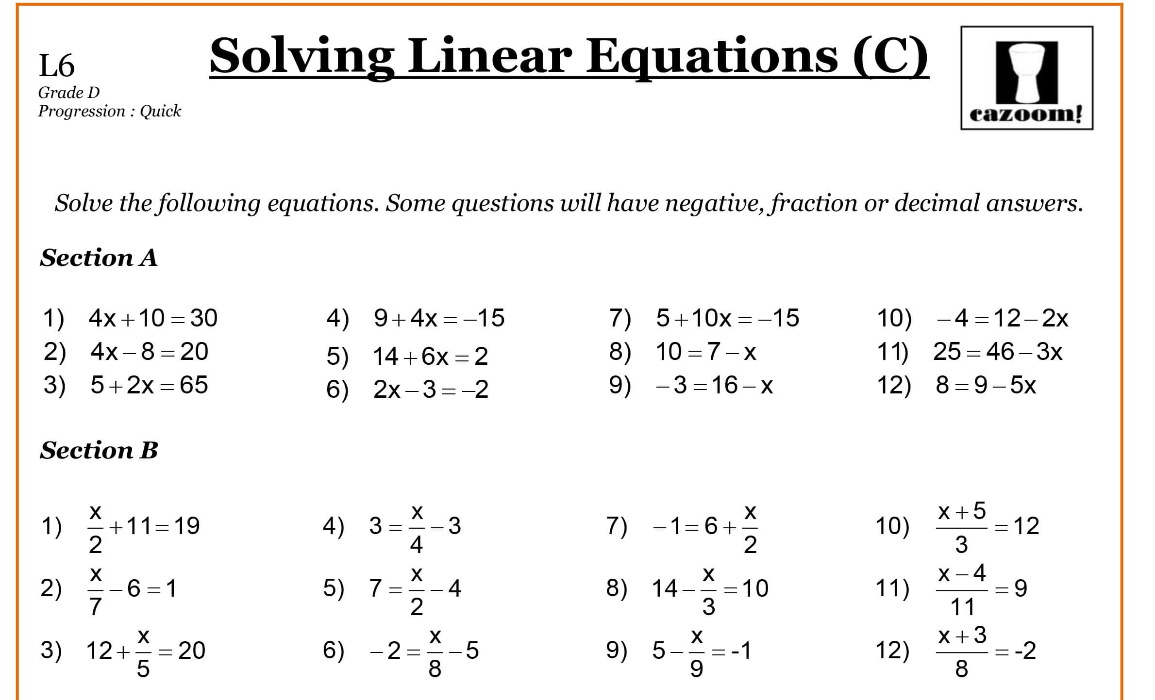 Grade 8 Math Equations Worksheets