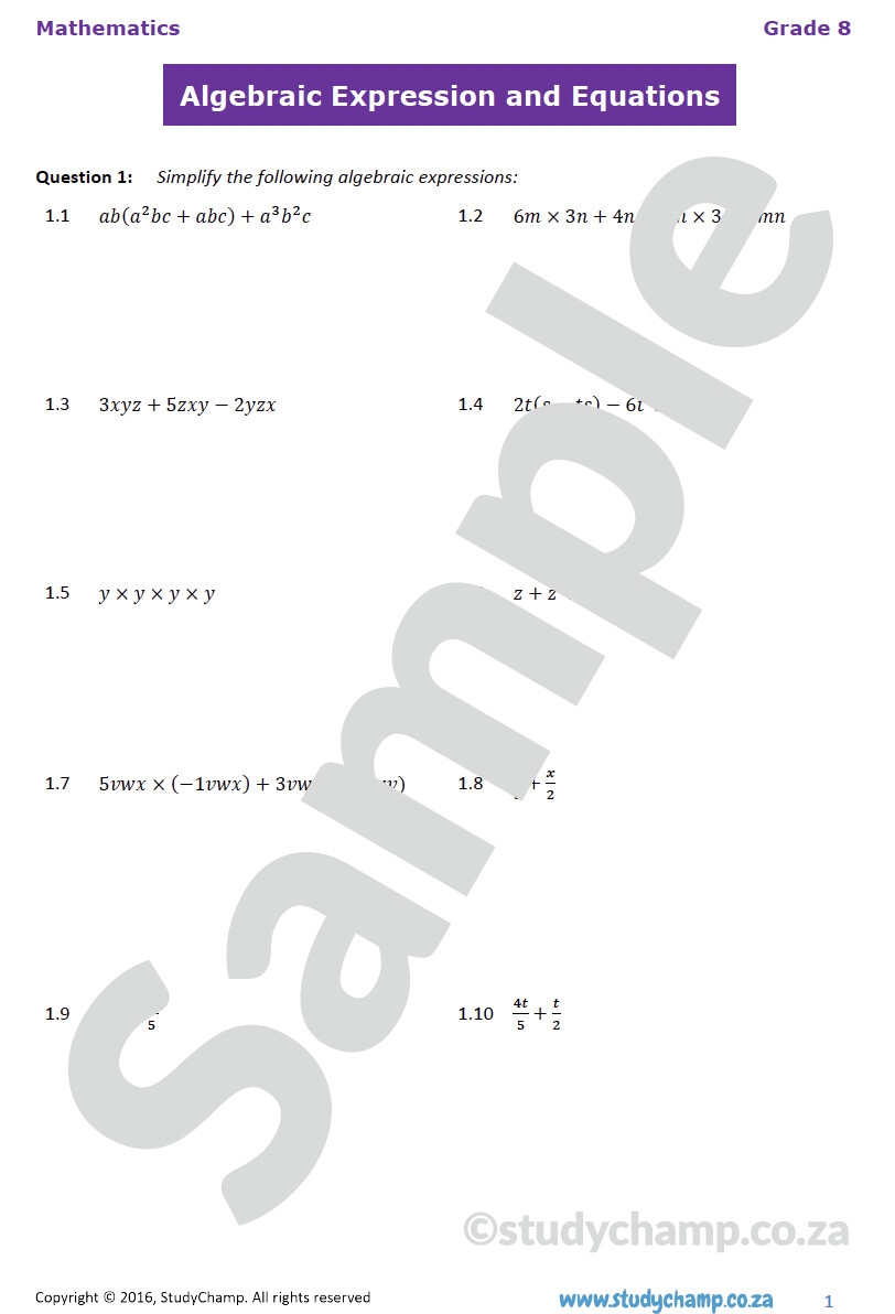 algebraic equations worksheet