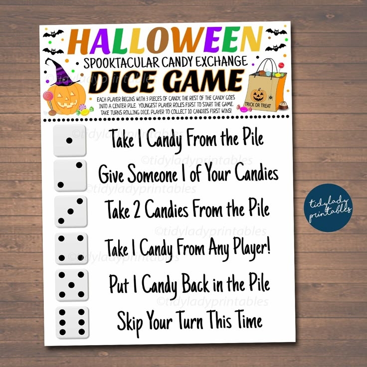 Halloween Dice Game Candy Exchange Swap Rules Printable INSTANT 