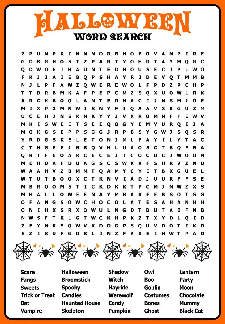 Halloween Word Search For Kids With Spider Webs And Pumpkins On The 