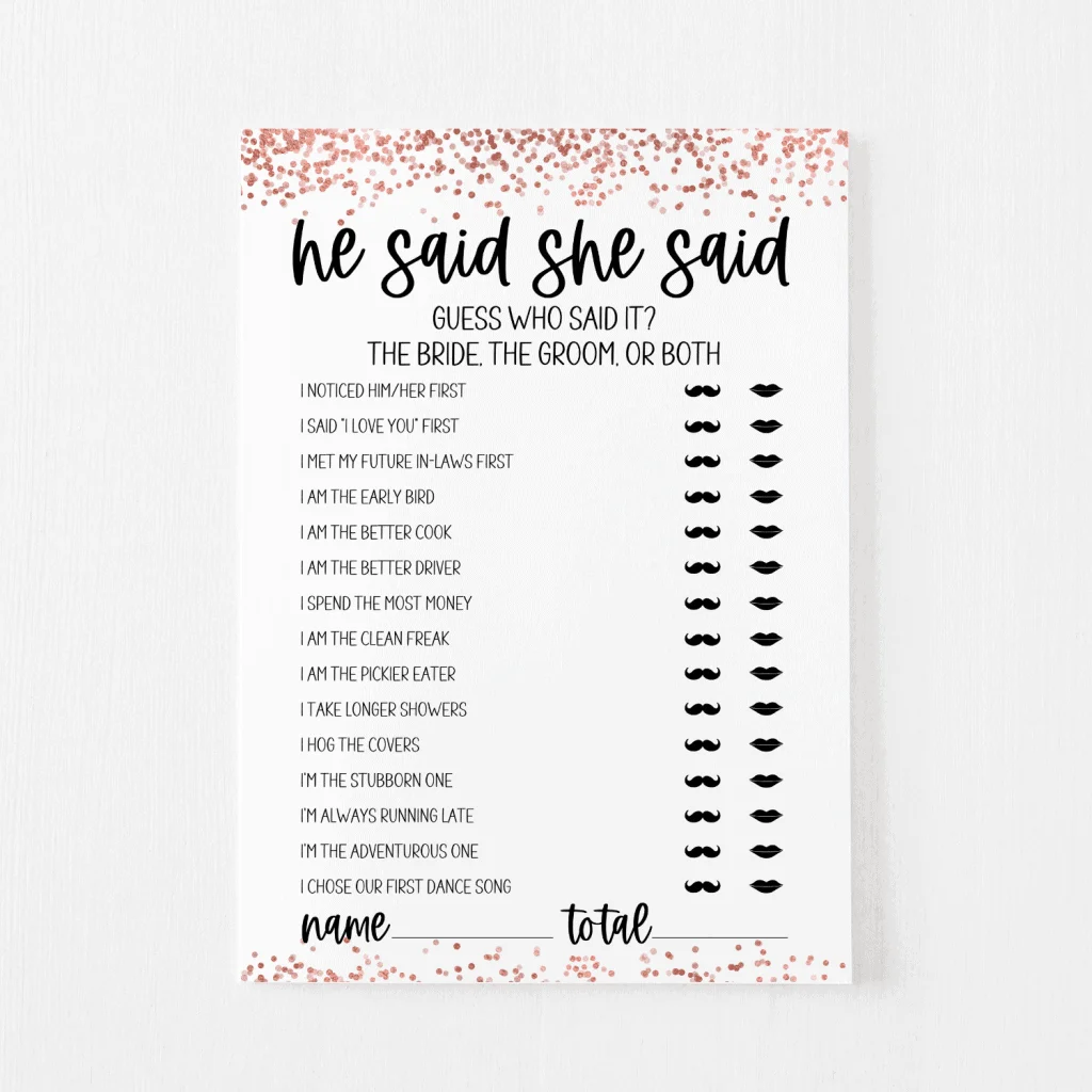 He Said She Said Bridal Shower Game Free Printable Modern 44 OFF