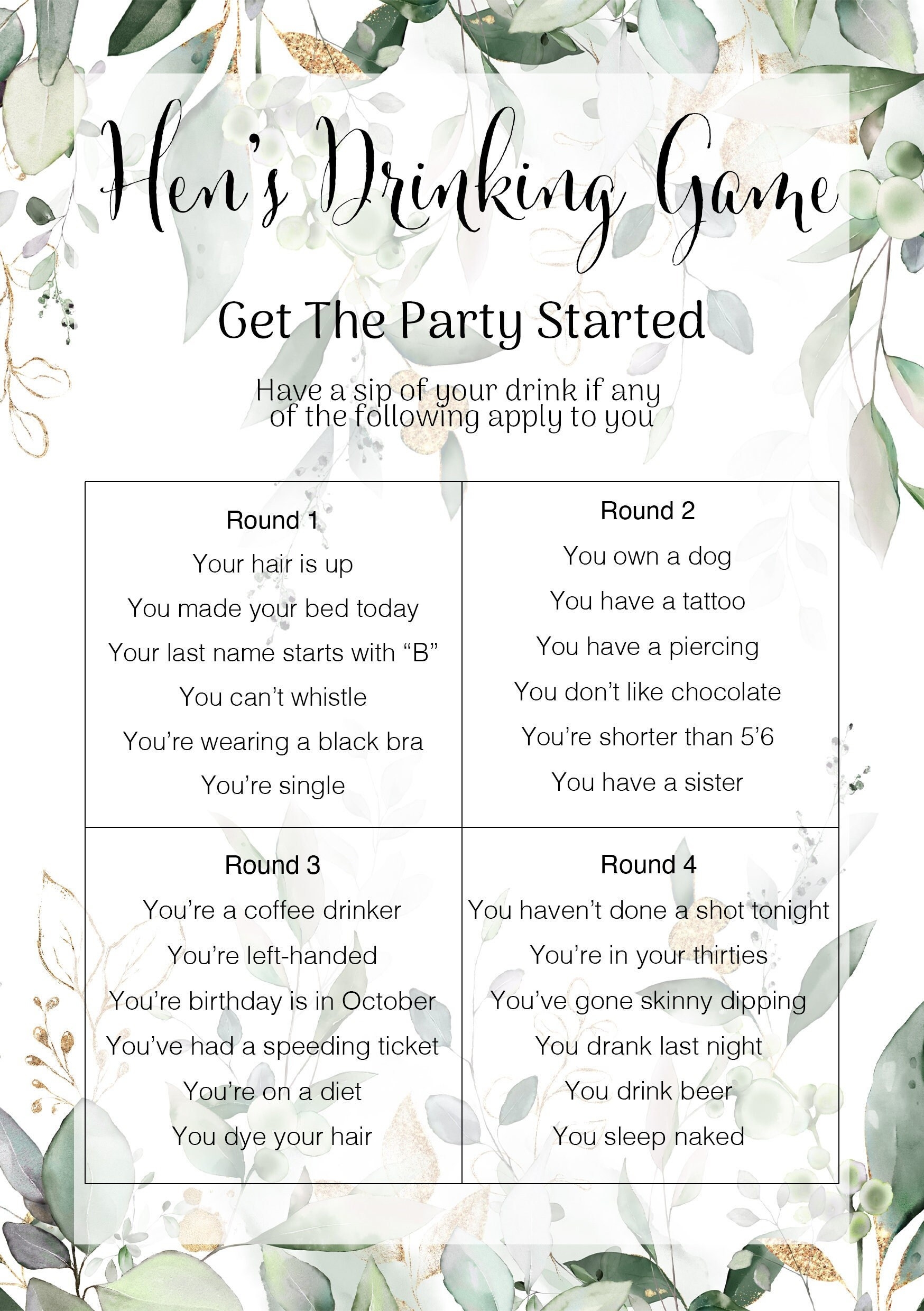 Hens Drinking Game Printable Bachelorette Games Instant Download 