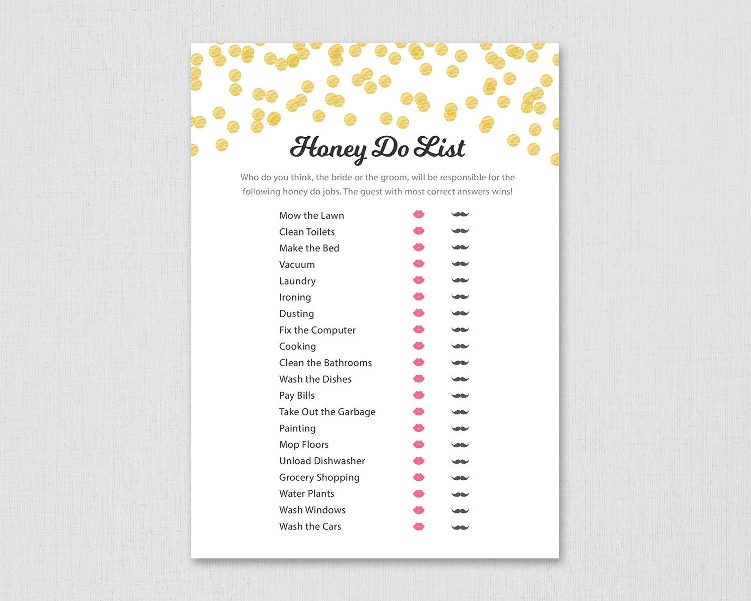 Honey Do List Bridal Shower Honey Do 39 s Game Printable Gold Confetti 