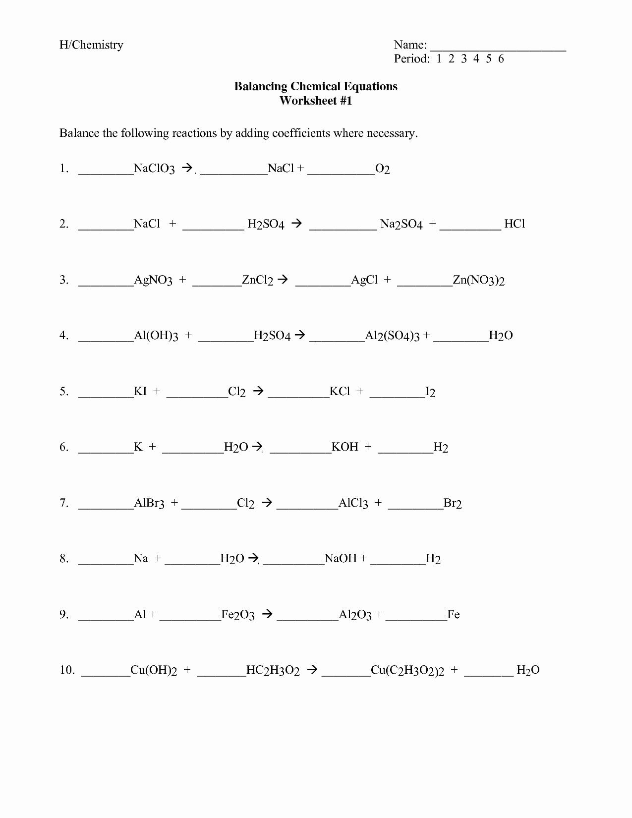 Honors Chemistry Writing And Balancing Equations Worksheet Writing 