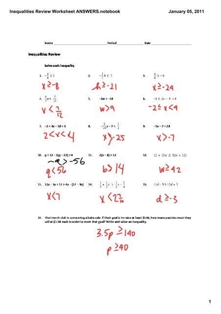 Inequalities Review Worksheet ANSWERS notebook Worksheets Library