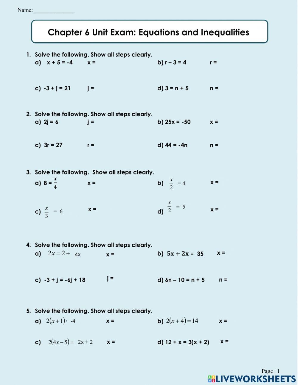solving inequality equations worksheet