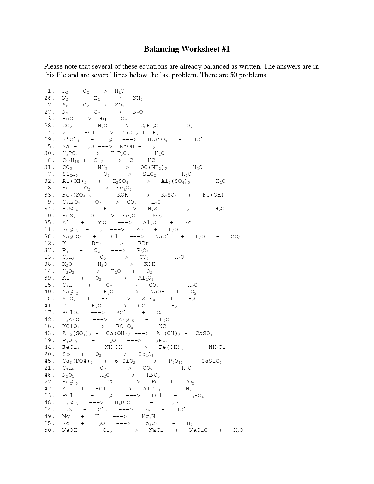 Introduction To Balancing Chemical Equations Review Worksheet Answer 