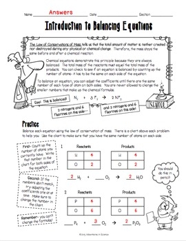 Introduction To Balancing Chemical Equations Worksheet By Adventures In 