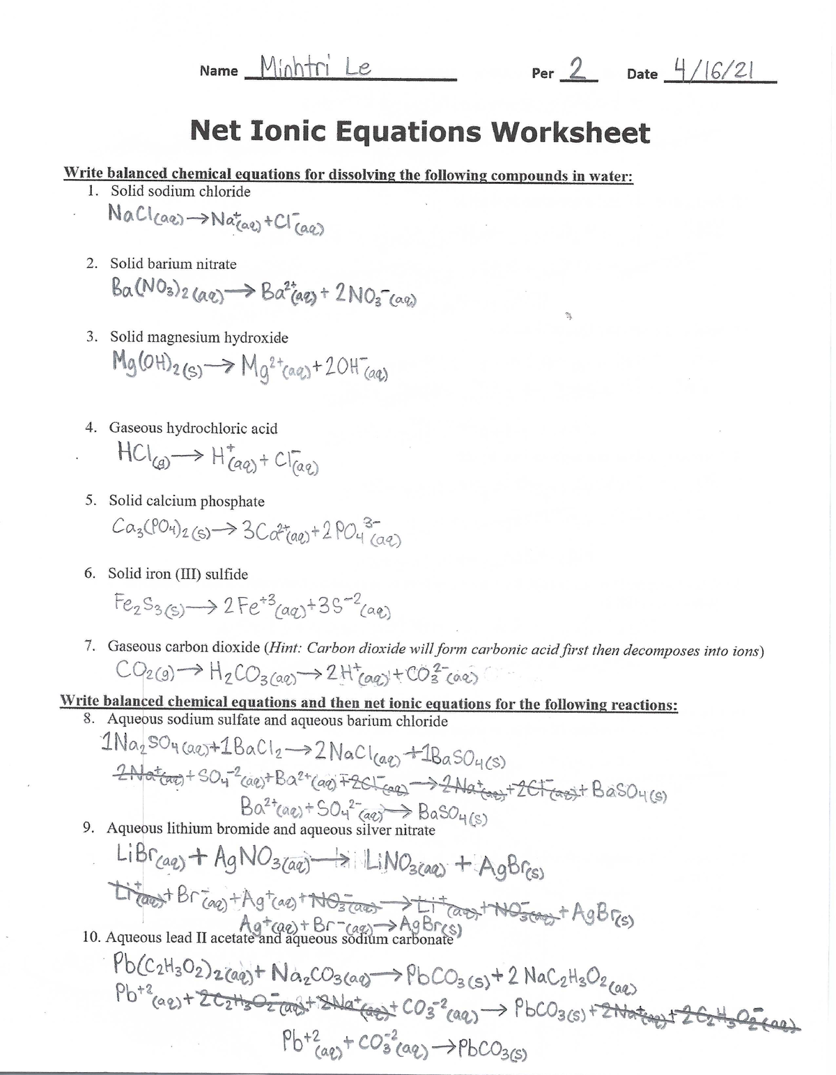 net ionic equations worksheet answers