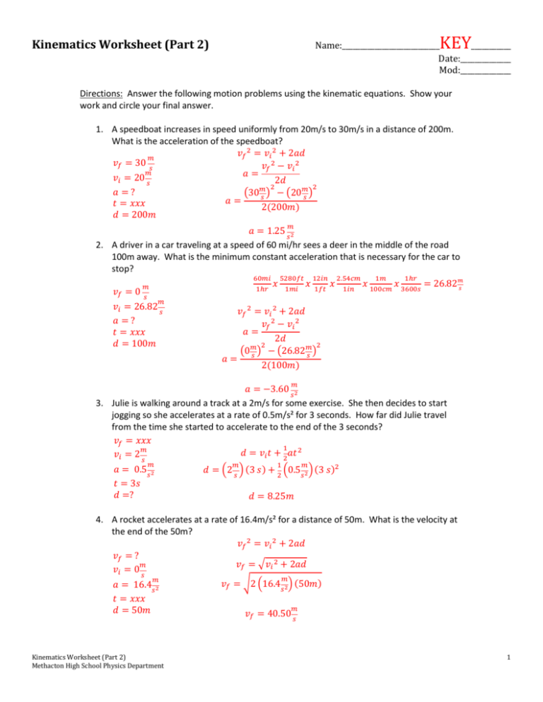 kinematic equations worksheet