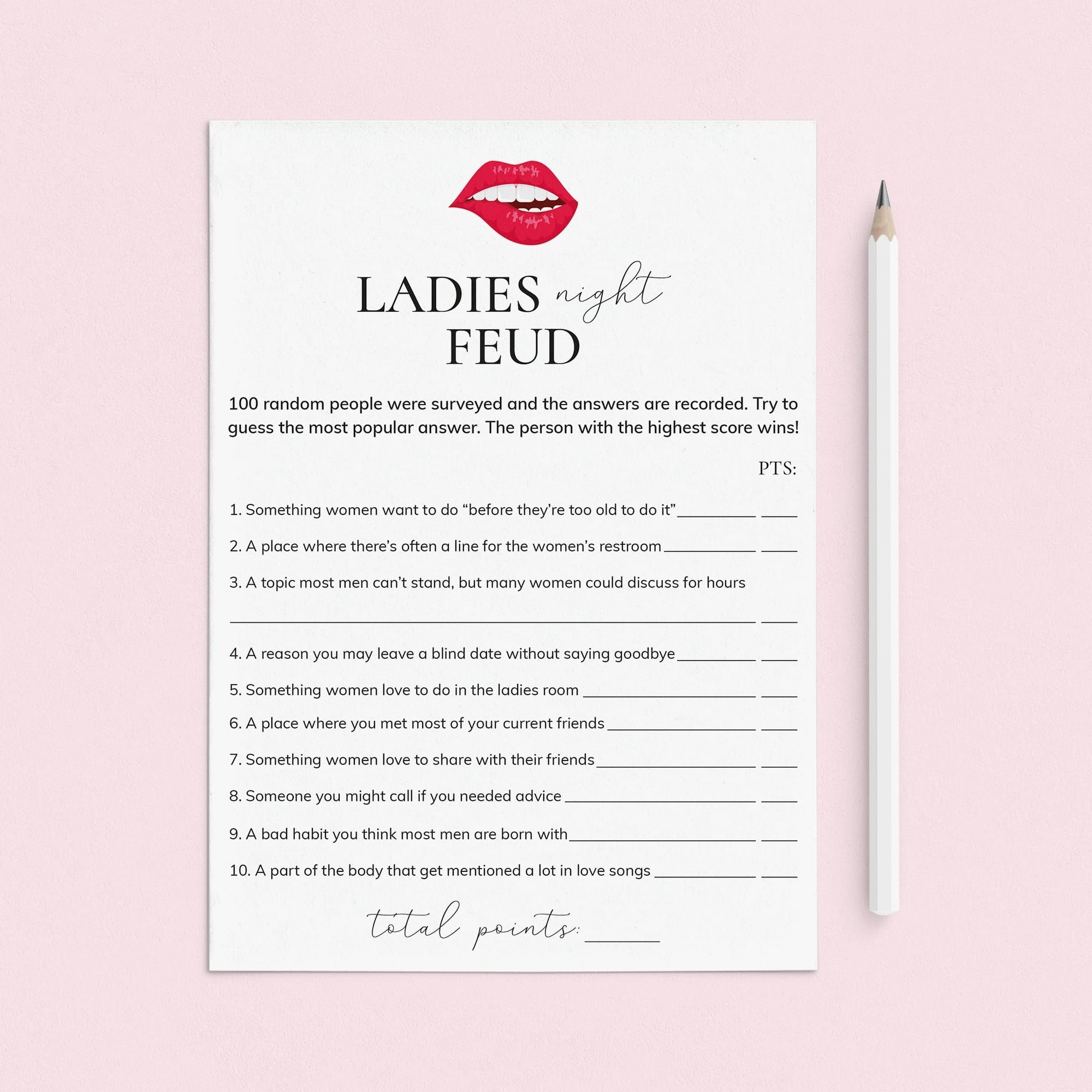 Ladies Night Feud Questions And Answers Printable Girls Night Games 