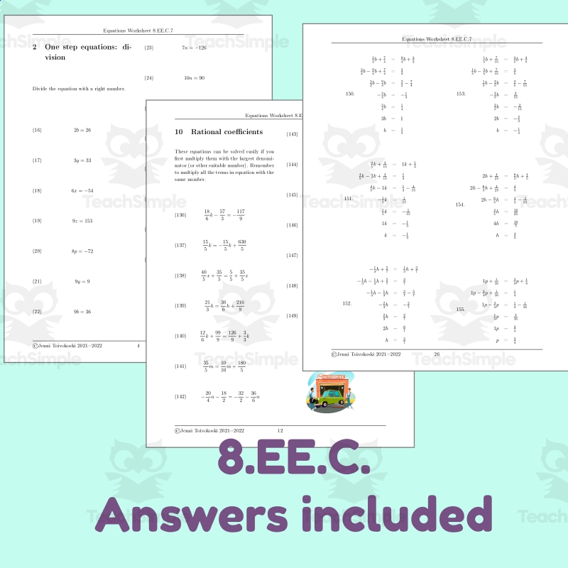 Large Linear Equations Worksheet For 8th Grade 8 EE C 7 By Teach Simple