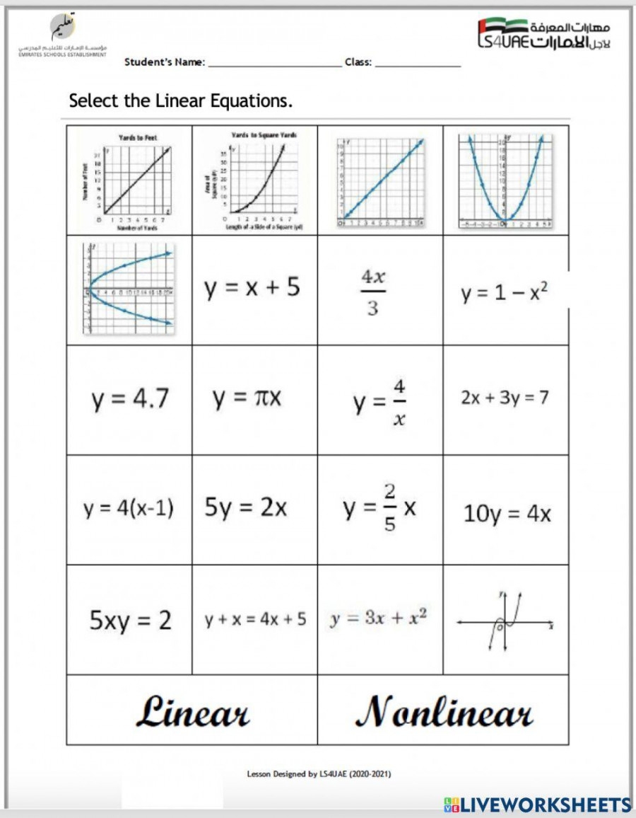 Linear And Nonlinear Equations Worksheet Printable PDF Template