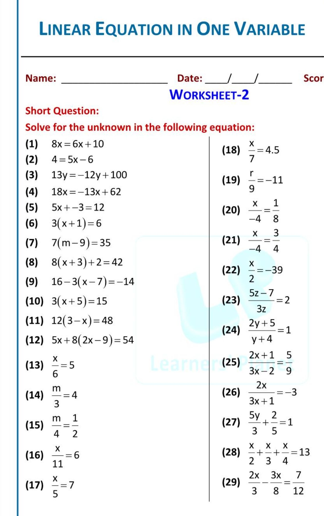 Linear Equation In One Variable Mathematics Assignment Teachmint